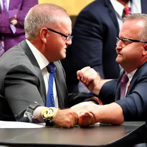 Prompt: scott morrison vs anthony albanese arm wrestle