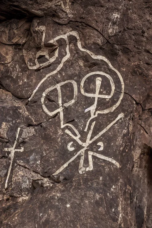 Image similar to 4 k photography of petroglyphs representing crosses, ufo, wifi symbol on a cave