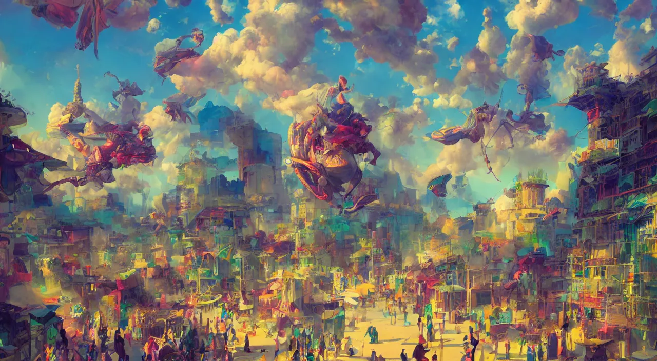 Prompt: bazaar zouk oriantal multicolorful sky shine place mosquet painting, sunny day, matte painting, bold shapes, hard edges, street art, trending on artstation, by huang guangjian and gil elvgren and sachin teng