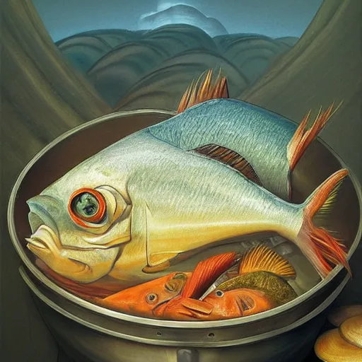 Image similar to a fish on the top of a pile of fish, inside a cooking pot, side view, by vladimir kush, dystopian aer, rococo