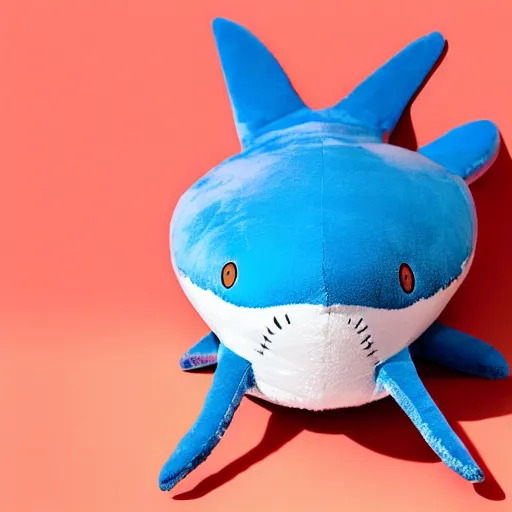 Prompt: beautiful photograph of a cute minimal bright - blue shark plush, advert, magazine, studio