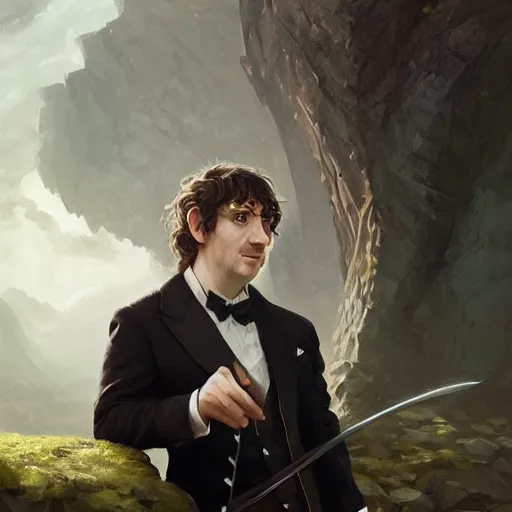 Prompt: masterpiece portrait of a hobbit gentleman in a tuxedo, Cinematic lightning, D&D, fantasy, highly detailed, digital painting, sharp focus, illustration, art by artgerm and greg rutkowski and magali villeneuve