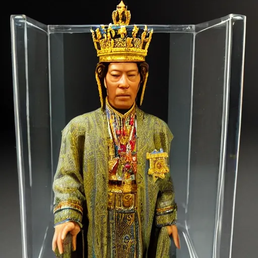Prompt: a completely transparent glass cube in which the king's body has been perfectly preserved and very lifelike. he is dressed in all casual regal garments. his body is beautifully preserved and the display is magnficent. the display is in the darkness of the catacombs and is beautifully lit, he has natural color and is posed in a relaxed way.