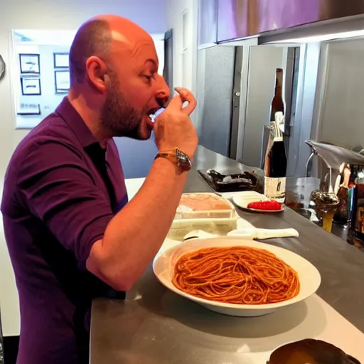 Image similar to joe bastianich eating spaghetti from his nose