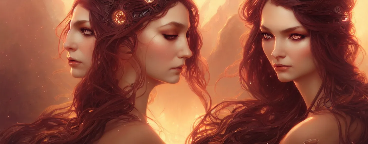 Image similar to fantasy magic woman portrait, sci-fi, amber eyes, face, long hair, fantasy, intricate, elegant, highly detailed, digital painting, artstation, concept art, smooth, sharp focus, illustration, art by artgerm and greg rutkowski and alphonse mucha