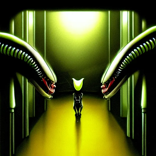 Image similar to black glossy xenomorph, alien movie, endless empty office building, pale yellow wallpaper, moist brown carpet, dim fluorescent lighting, artstation, ultra detailed, creepy, dramatic lighting, photorealistic, art by h. r. giger