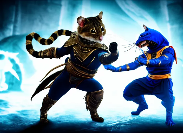 Image similar to hamster dressed as sub zero fights a cat dressed as scorpion in mortal kombat on the background of a laughing shao khan. fantasy magic style. highly detailed 8 k. intricate. lifelike. soft light. sony a 7 r iv 5 5 mm. unreal engine with nanite and path tracing