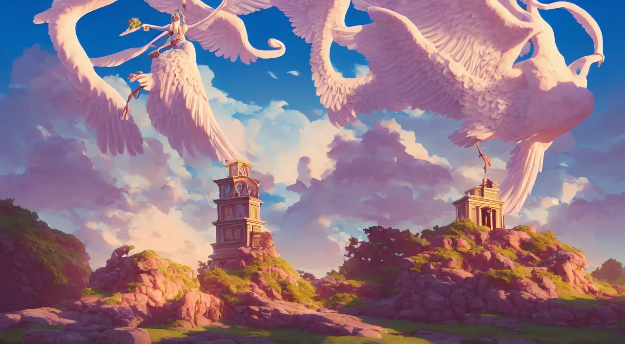 Image similar to painting of antic sitting seagull statue and hill valley Nordic temple of olympus glory hogweed plant grow flower ,in marble incrusted of legends heartstone official fanart behance hd by Jesper Ejsing, by RHADS, Makoto Shinkai and Lois van baarle, ilya kuvshinov, rossdraws global illumination