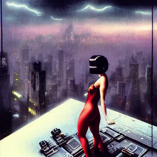 Prompt: “ girl standing on a roof looking down at a foggy futuristic new york city below, ghostpunk, blade runner, cyberpunk, pinup, storm clouds, very detailed, by gil elvgren ”