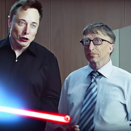 Prompt: film still of elon musk dueling bill gates with a lightsaber, epic cinematic