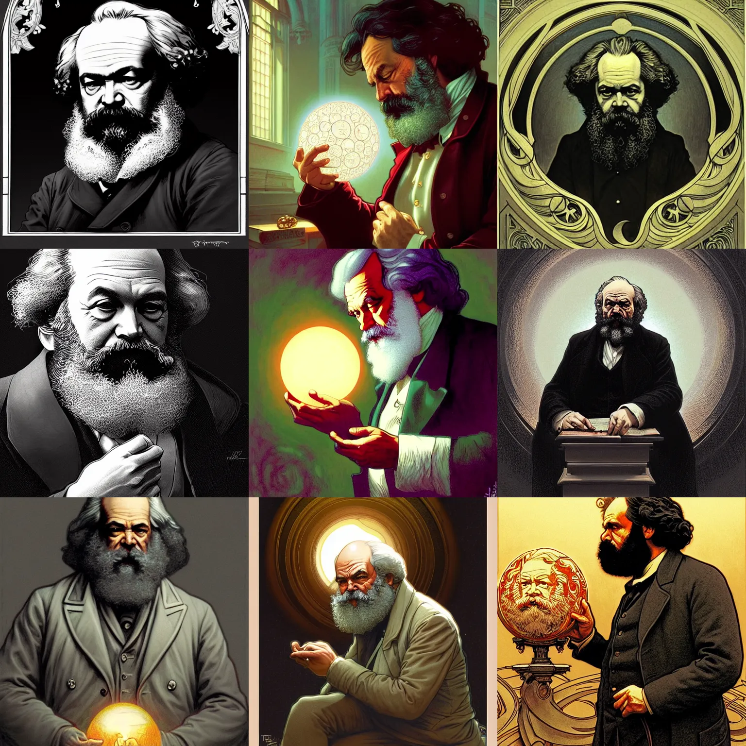 Image similar to Karl Marx pondering his orb, highly detailed, digital painting, artstation, concept art, smooth, sharp focus, illustration, art by todd lockwood and magalie villeneuve and alan lee and artgerm and greg rutkowski and alphonse mucha