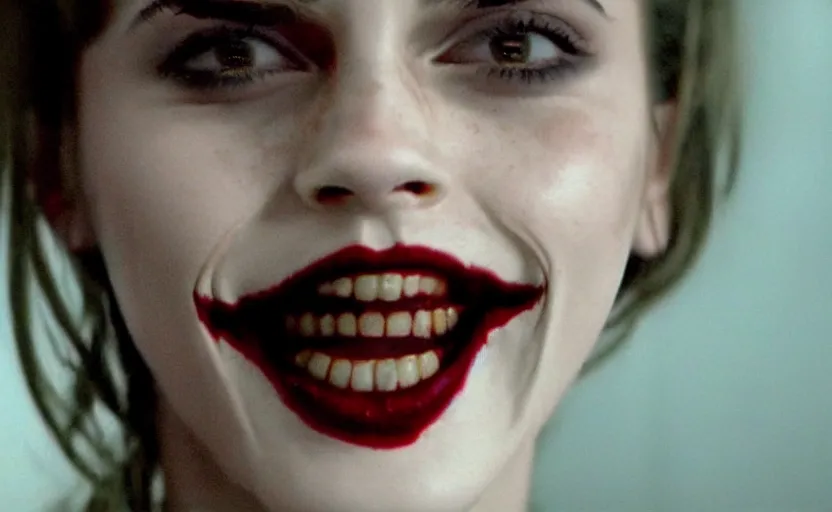 Prompt: Emma Watson as the Joker, grinning, screenshot from The Dark Knight (2008), cinematic lighting, close-up