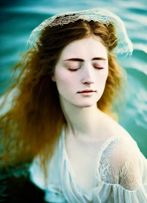 Prompt: Kodak Portra 400, 8K, soft light, volumetric lighting, highly detailed, sharp focus,britt marling style 3/4, Close-up portrait photography of a beautiful woman how pre-Raphaelites a woman with her eyes closed is surrounded by water , face is surrounded by fish, she has a beautiful lace dress and hair are intricate with highly detailed realistic beautiful flowers , Realistic, Refined, Highly Detailed, natural outdoor soft pastel lighting colors scheme, outdoor fine art photography, Hyper realistic, photo realistic