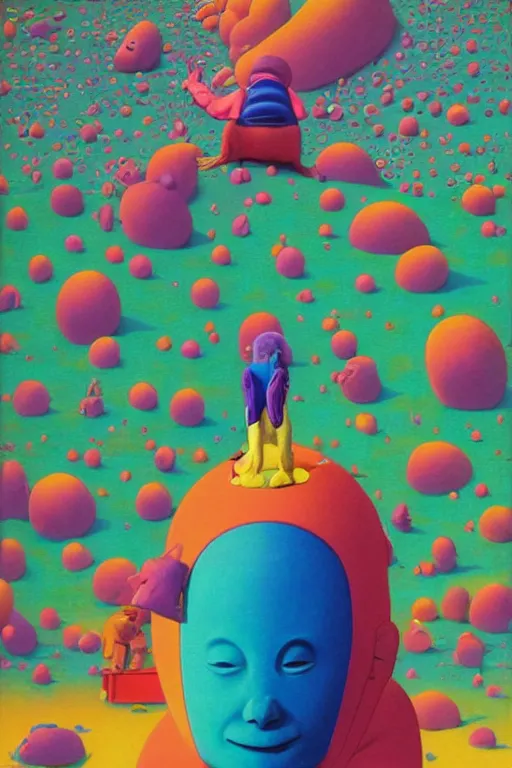 Prompt: a colorful vibrant closeup portrait of tinky winky furiously massaging a simple man licking a tab of LSD acid on his tongue and dreaming psychedelic hallucinations, by kawase hasui, moebius, Edward Hopper and James Gilleard, Zdzislaw Beksinski, Steven Outram colorful flat surreal design, hd, 8k, artstation