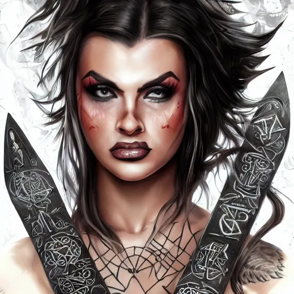 Image similar to Adriana Chechik as a female warrior, body covered in floral tattoos and wicca runes , D&D, fantasy, highly detailed, digital art, trending on artstation, smooth, sharp focus, illustration, art by artgem and Rober Hynes