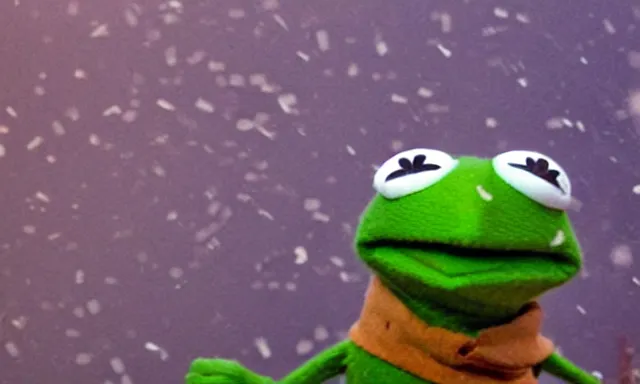 Image similar to kermit the frog as a weather reporter in a snow storm from new york he is wearing a brown parka, television static, 90s television