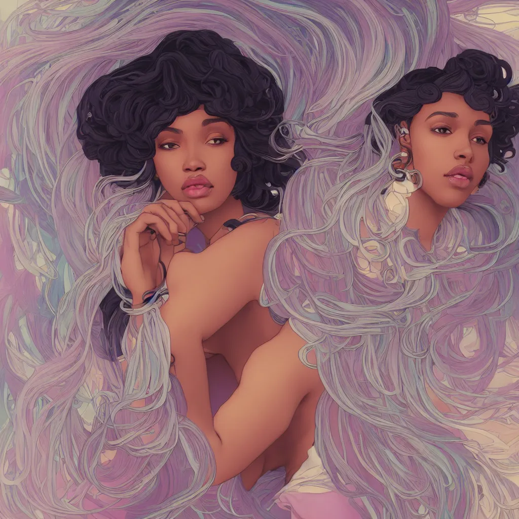 Image similar to beautiful black woman with gorgeous pastel balayage hairstyle, as seen on artgerm, octane render, in the style of alphonse mucha, ultra realistic, highly detailed, 8 k