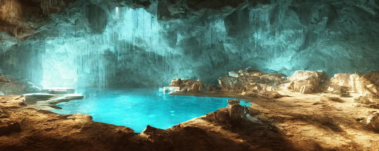 Prompt: Beautiful derelict ancient mountain cave with engravings all over the walls, volumetric lighting beaming through a crack in the roof shining on a turquoise clear pool. A soft glow slightly dusty atmosphere. Wallpaper. Ultra HD, V-ray, Octane Render, 8k, Sharp, Detailed, Maximalism. Stunning