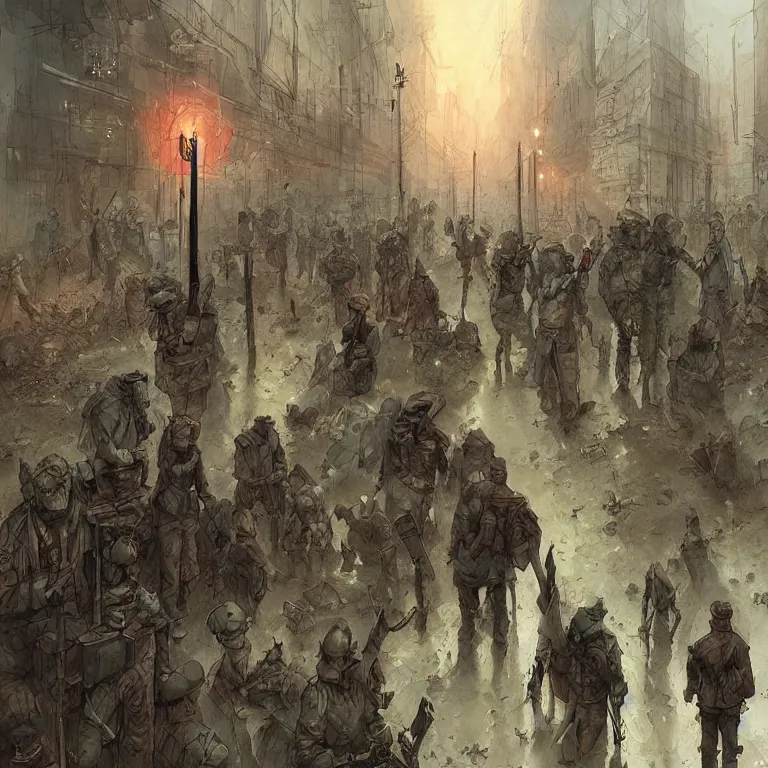 Image similar to the souls of dead soldiers waiting in a lone bus stop in quiet dark city, by marc simonetti