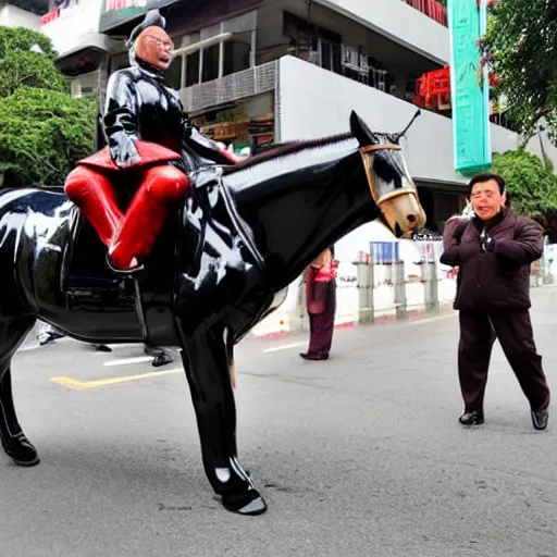 Prompt: sexy xi jinping dressed in latex and riding a horse on the streets of taiwan