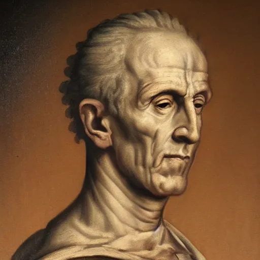 Prompt: A 17th century Baroque Painting of Julius Caesar, portrait of Julius Caesar, grainy, realistic, very realistic, hyperrealistic, highly detailed, very detailed, extremely detailed, very neat, very epic, very cool, detailed, trending on artstation