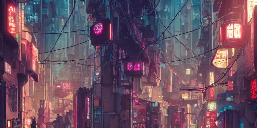 Prompt: a cyberpunk hong kong alley with robots and humans walking around by moebius, pixar color palette, clear details, street level, 8k