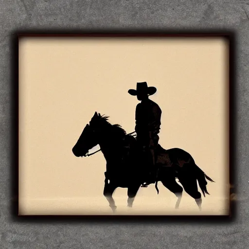 Image similar to siluette of a cowboy outlaw sitting on a horse. serigraph. screen - printed on top of a photograph. sun - bleached highlights. sanded surface in soft colors