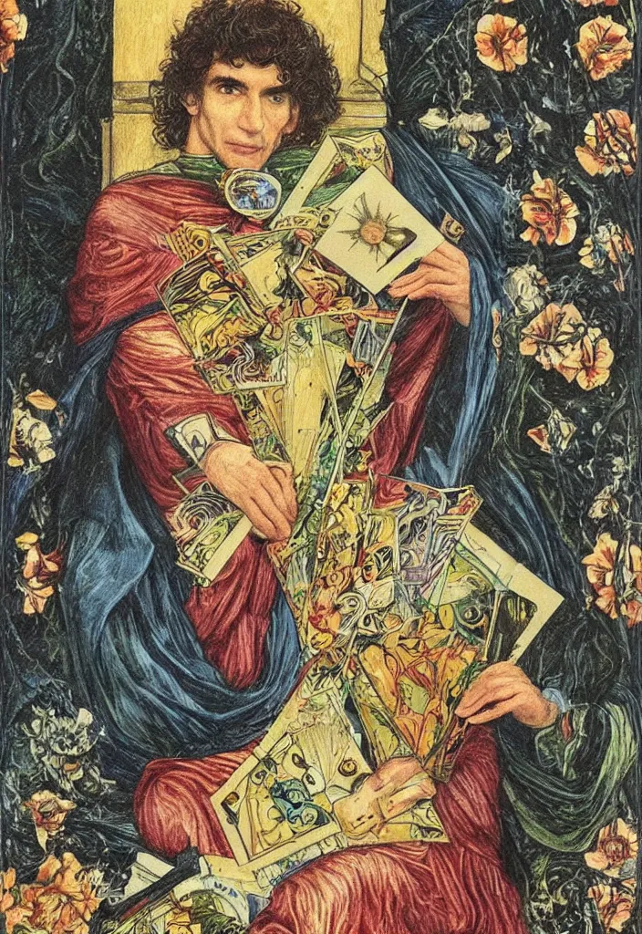 Image similar to Yoshua Bengio on the Tarot card. Illustration by preraphaelists