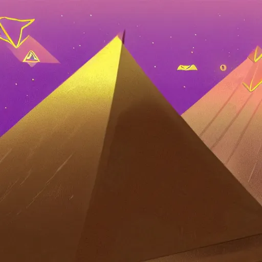 Image similar to concept art of a movie about illuminati, purple mountains in the background and all - seeing eye and a floating pyramid in the foreground, professional drawing, highly detailed, award winning digital art