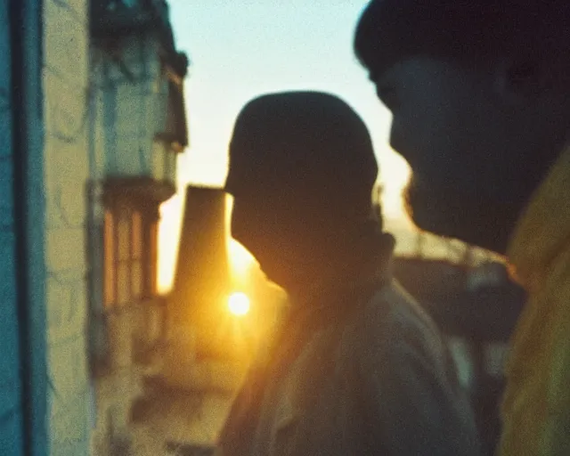 Image similar to lomo photo of pair standing on small hrushevka balcony full with cigarette smoke in small russian town looking at sunset, cinestill, bokeh