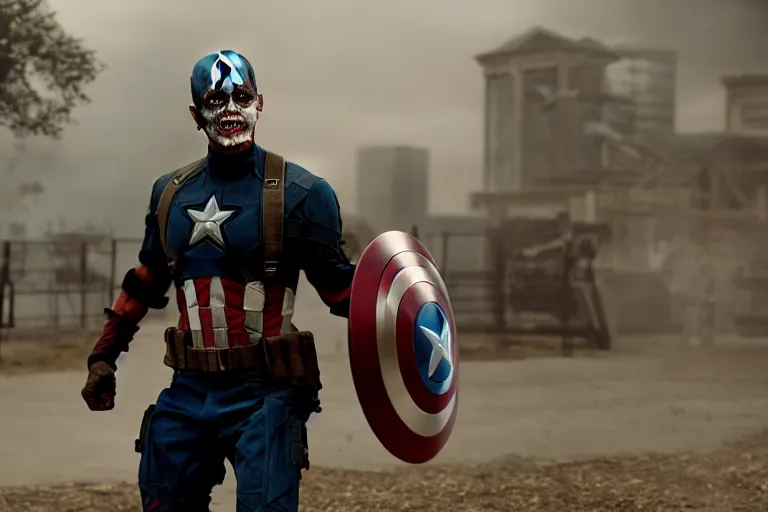 Image similar to film still of zombie zombie Captain America as a zombie in new avengers movie, 4k