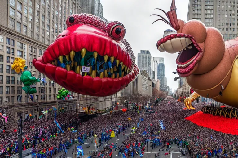 Prompt: photo of giant elaborate parade float designed by geoff darrow!!!! and ( ( ( ( ( ( hr giger ) ) ) ) ) ), in the macys parade, detailed 4 k photo