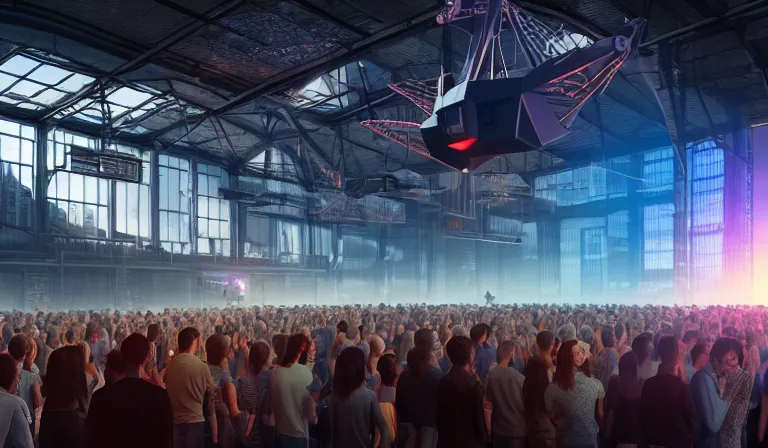 Image similar to crowd of people in humble warehouse, looking at hologram of futuristic city on a table, cinematic concept art, godrays, golden hour, natural sunlight, 4 k, clear details, tabletop model buildings, center model buildings, hologram center, crane shot, crane shot, crane shot