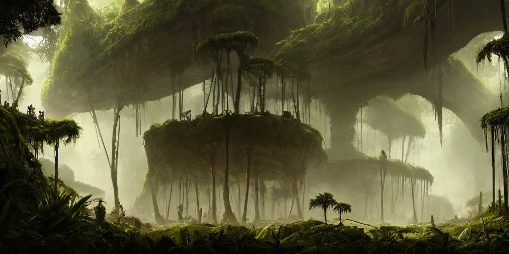 Prompt: An epic matte painting of a lightly overgrown coloseum in the jungle, dark, mysterious, by Greg Rutkowski and Raphael Lacoste, intricate, gorgeous, tropical, stunning, 4k resolution, featured on artstation, f16