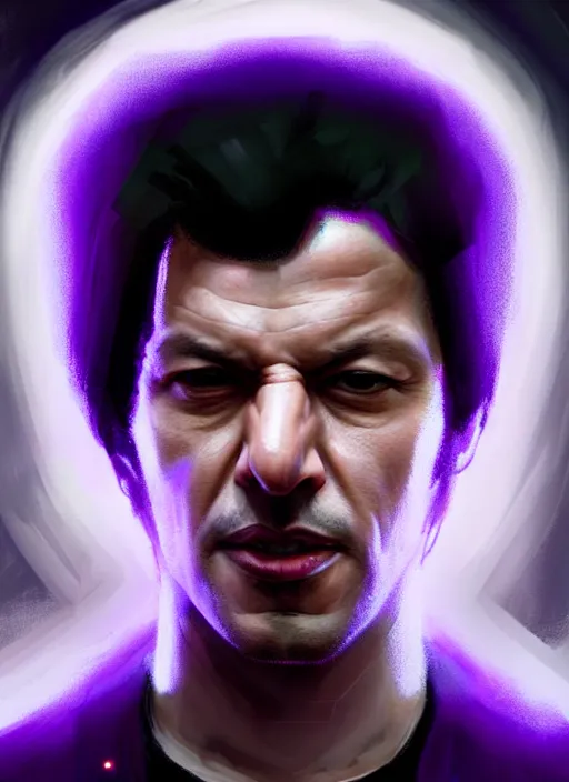 Image similar to portrait of imran khan, purple clothes, white bangs, two color hair, black hair and white bangs, intricate, elegant, glowing lights, highly detailed, digital painting, artstation, concept art, smooth, sharp focus, illustration, art by wlop, mars ravelo and greg rutkowski