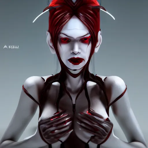 Prompt: a female vampire that looks like a futuristic nosfaratu, milky white skin, blood around the lips, delectable, edible, crusty around the eyes, found on artstation, eyes look dead, highly detailed, 8k,