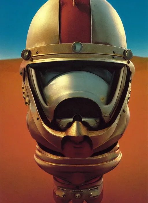 Image similar to beautiful extreme closeup portrait photo Emperor in style of frontiers in helmet motoracing dirt Helmets of Emperor Charles V the Wise, with a golf club, science fashion magazine September, retrofuturism edition, highly detailed, soft lighting, elegant , lighting, 35mm , Edward Hopper and James Gilleard, Zdzislaw Beksinski, Steven Outram, highly detailed