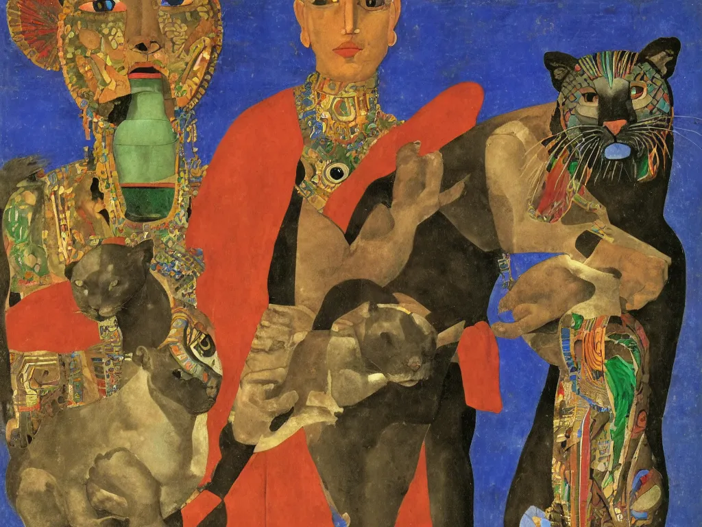 Image similar to portrait of an aztec deity with panther. lapis lazuli, malachite, cinnabar, gold. painting by piero della francesca, balthus, agnes pelton