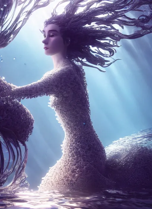 Prompt: beauteous underwater biomechanical incredible hair, crystalline masterpiece incrustations, hyperdetailed face, flippered feet, elegant pose, movie still, intricate, octane render, cinematic forest lighting, cgsociety, unreal engine, crepuscular rays, god rays, caustic shadows lighting