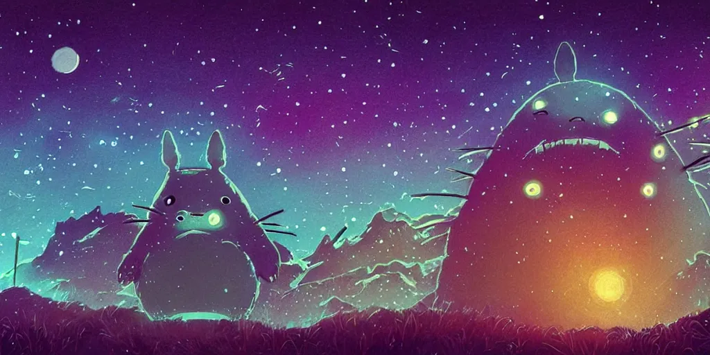 Image similar to glowing wireframe totoro, mountain landscape, night sky, digital art, digital painting, celestial, majestic, colorful