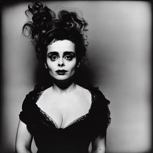 Prompt: photo of Helena Bonham Carter by Diane Arbus, black and white, high contrast, Rolleiflex, 55mm f/4 lens