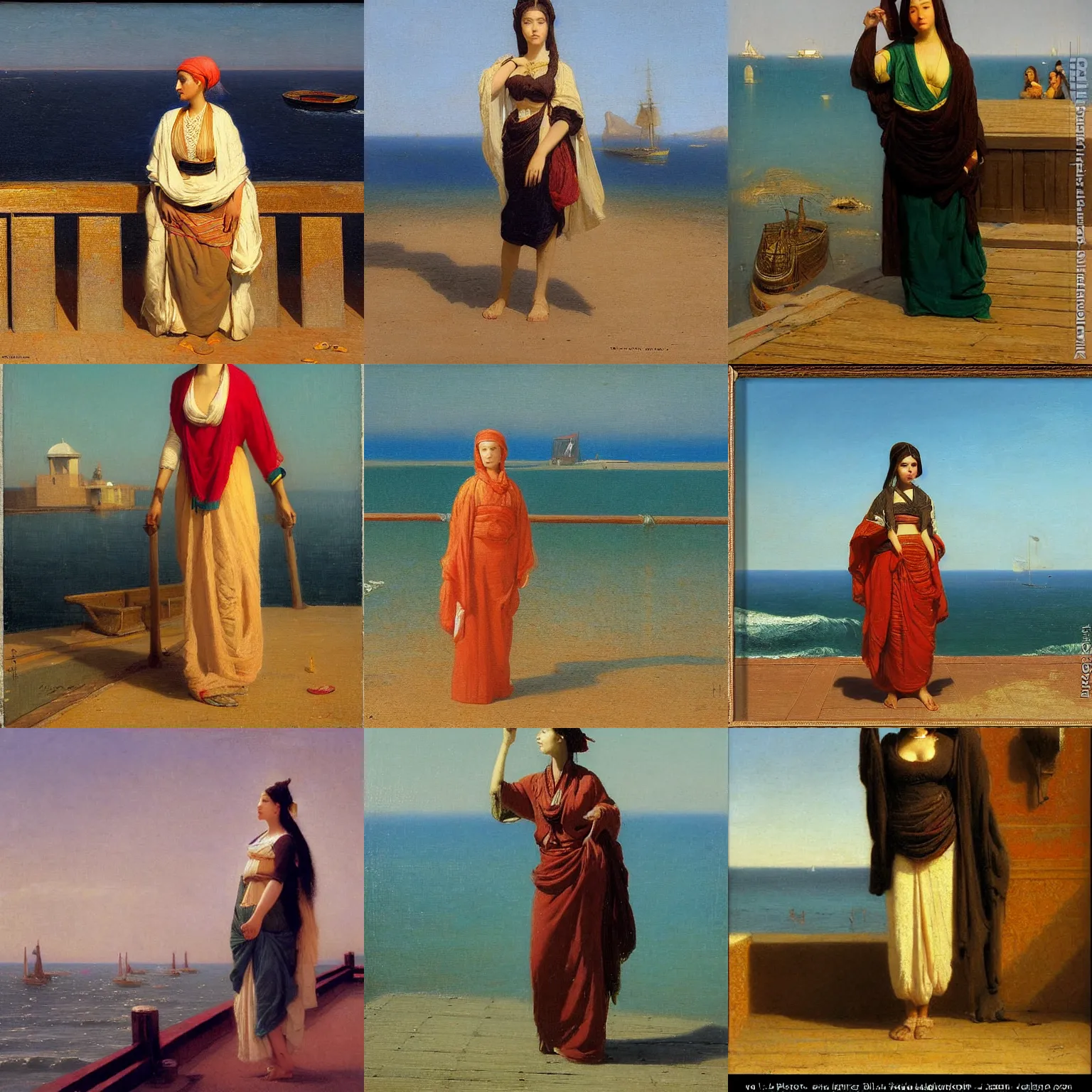 Prompt: orientalist painting of a young lady standing on a wharf at the edge of the sea by jean - leon gerome and otto pilny and adrien henri tanoux. cinematic, high detail