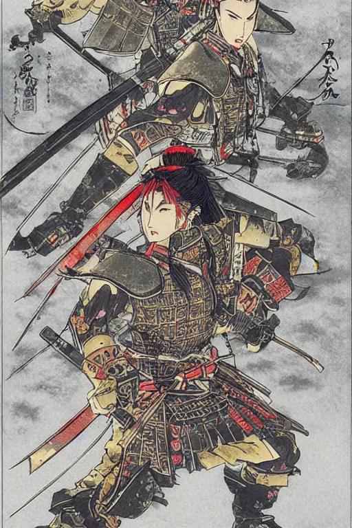 Image similar to elegant illustration of samurai warfare by Yoshitaka Amano