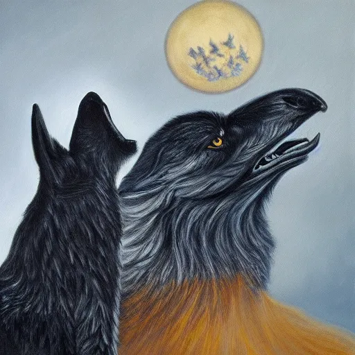 Image similar to the wolf and the raven, oil on canvas