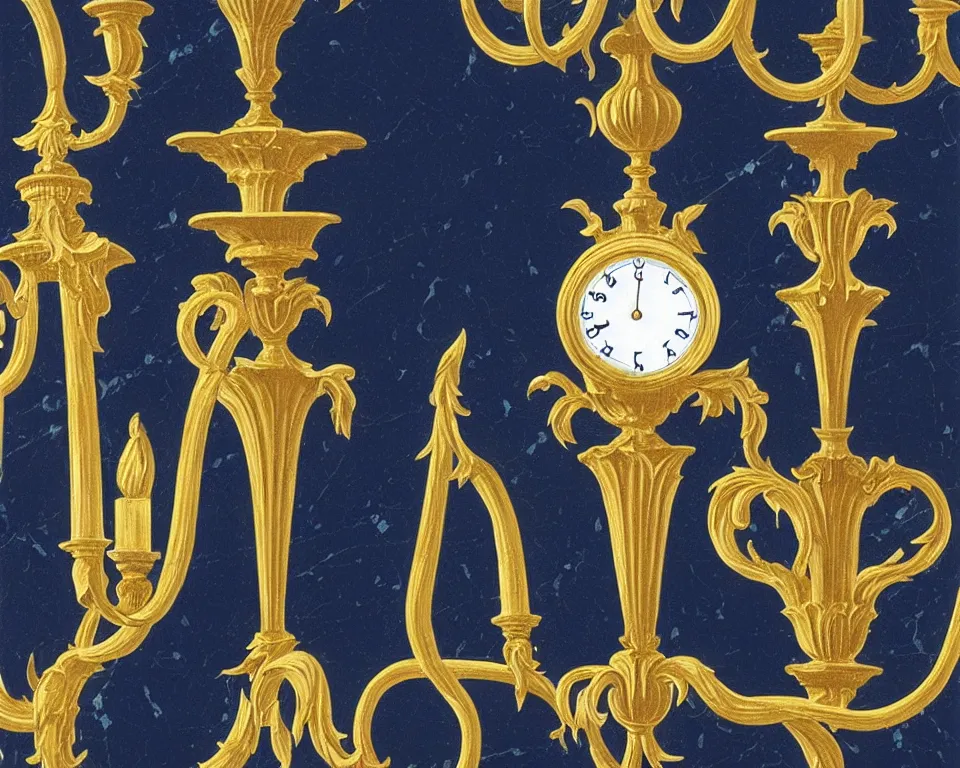Image similar to an achingly beautiful print of ornate gold clocks, marble corinthian capitals, and Tiffany sconces on a navy blue wall by Raphael, Hopper, and Rene Magritte. detailed, romantic, enchanting, trending on artstation.