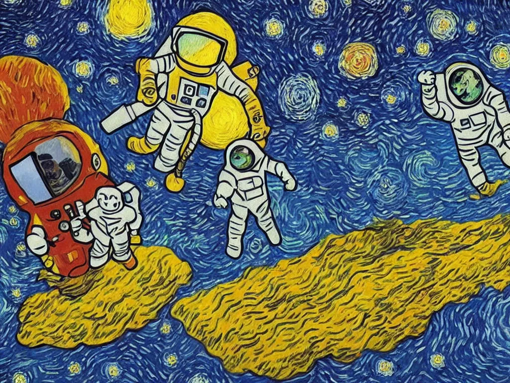 Prompt: bright beautiful oil painting of astronaut lands on a planet made of cartoon ghosts, light scatter, van gogh