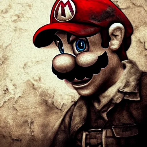 Image similar to super mario, realistic, dark, detailed, grunge, artstation