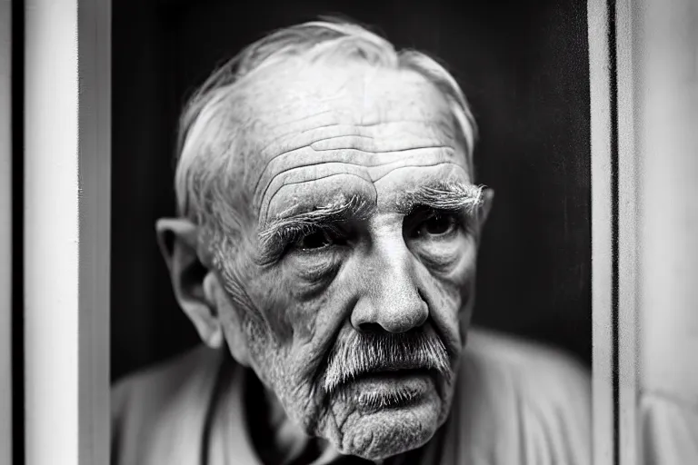 Prompt: a cinematic, close up portrait, of an old man, looking in the window, dramatic, soft light, dreamy, facial features, stood in a cell, with prison clothing, detailed, deep focus, movie still, dramatic lighting, ray tracing, by hendrik kerstens and paolo roversi