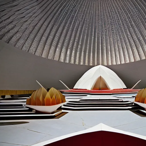 Image similar to interior of a futuristic lotus temple with gold, red and white marble panels, in the desert, by buckminster fuller and syd mead, intricate contemporary architecture, photo journalism, photography, cinematic, national geographic photoshoot