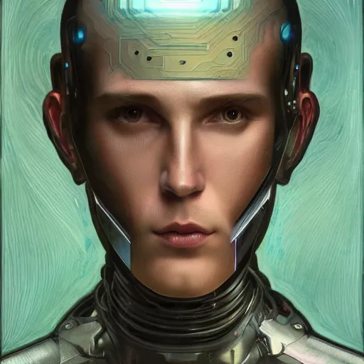 Image similar to portrait of a male android, coy, circuitry visible in head, in the style of ex machina, karol bak, alphonse mucha, greg rutkowski, award winning, hr giger, artstation